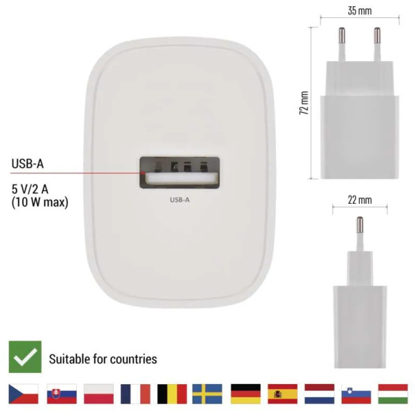 Фото - Мережевий зарядний пристрій EMOS V01B10 1xUSB-A 10W 220V (V01B10)