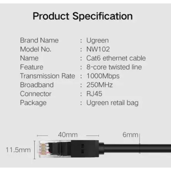 Фото - Кабель патч-корд UGREEN NW102 Cat 6 U/UTP Lan Cable 10m Black (20164)