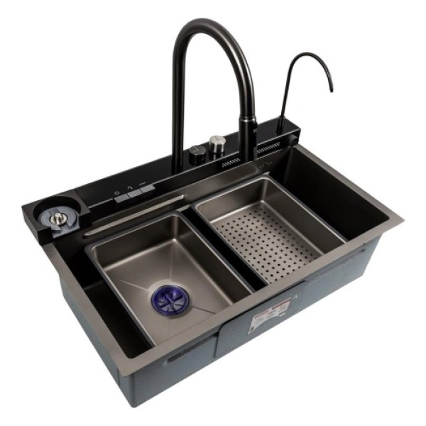 Фото - Мийка кухонна Platinum 75x46D PVD сіра Handmade "ВОДОСПАД"