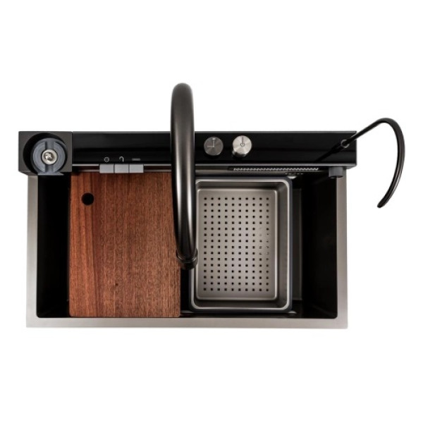 Фото - Мийка кухонна Platinum 75x46D PVD сіра Handmade "ВОДОСПАД"