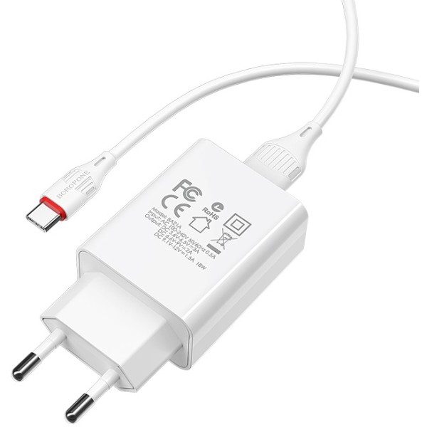 Фото - Мережевий зарядний пристрій BOROFONE BA21A Long journey single port QC3.0 charger set Type-C 18W White (6931474702487)