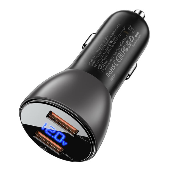 Фото - Автомобільний зарядний пристрій AceFast B7 metal  45W USB-A + USB-A with digital display (6974316280989)
