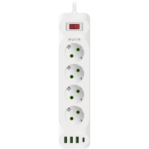 Фото - Сетевой фильтр Aura Energy 4+3 USB-A + USB-C (PD) 2M White (AUEMFP43PD2MW)