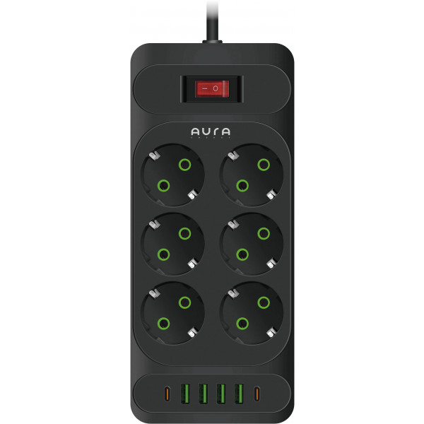 Фото - Мережевий фільтр Aura Energy 6+4 USB-A + 2 USB-C (PD) 2M Black (AUEMFP64PD2MB)