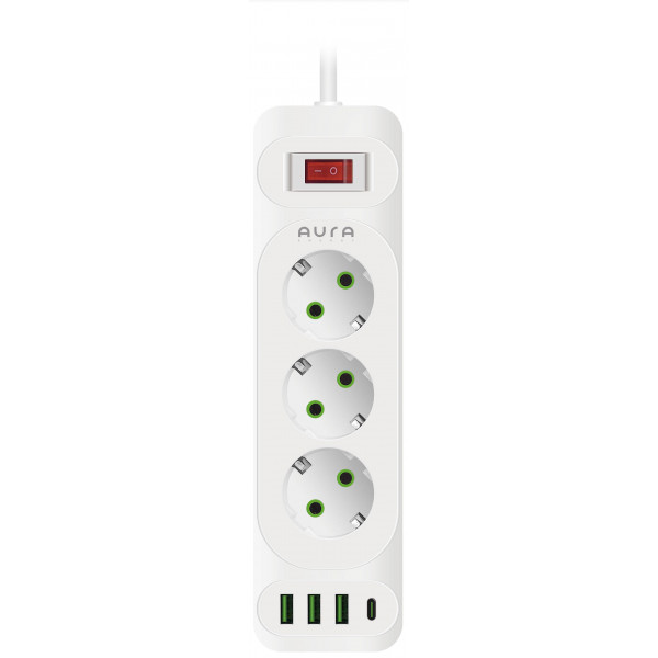 Фото - Мережевий фільтр Aura Energy 3+3 USB-A + USB-C (PD) 2M White (AUEMFP33PD2MW)