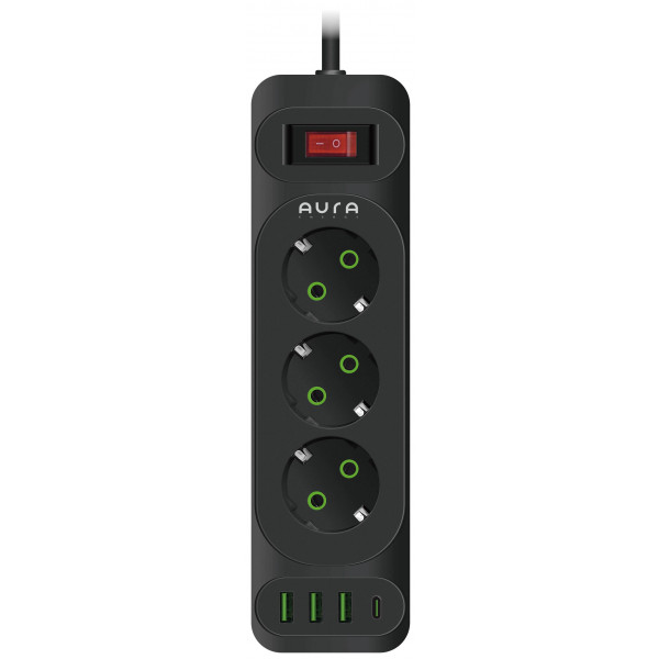 Фото - Мережевий фільтр Aura Energy 3+3 USB-A + USB-C (PD) 2M Black (AUEMFP33PD2MB)