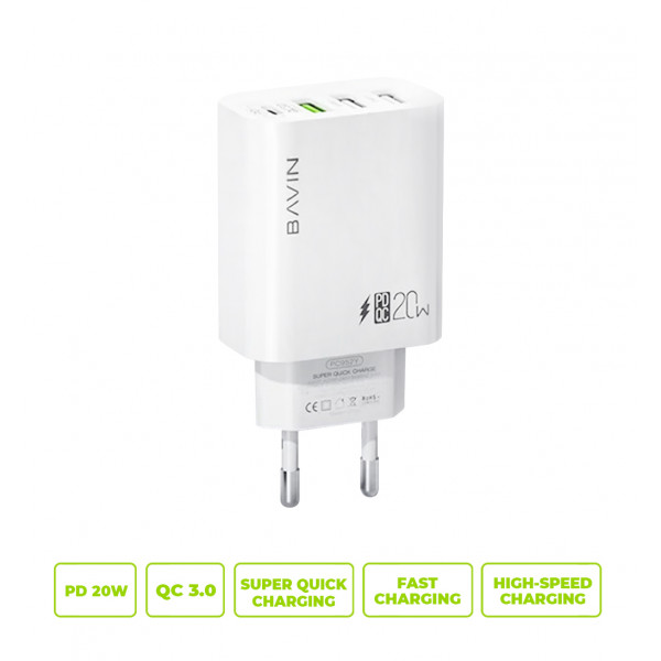 Фото - Мережевий зарядний пристрій Bavin PC952Y PD 20W Type-C 3xUSB-A (QC3.0) White (C-PC952Y-W)
