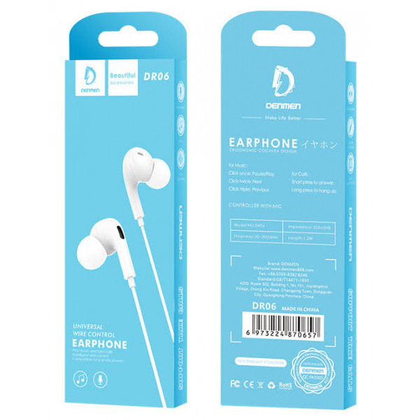 Фото - Навушники вкладиші дротові Denmen DR06 3.5mm 1.2 м White (DE-DR06-WH)