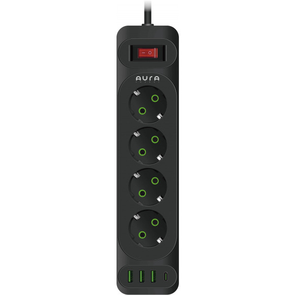Фото - Мережевий фільтр Aura Energy 4+3 USB-A + USB-C (PD) 2M Black (AUEMFP43PD2MB)