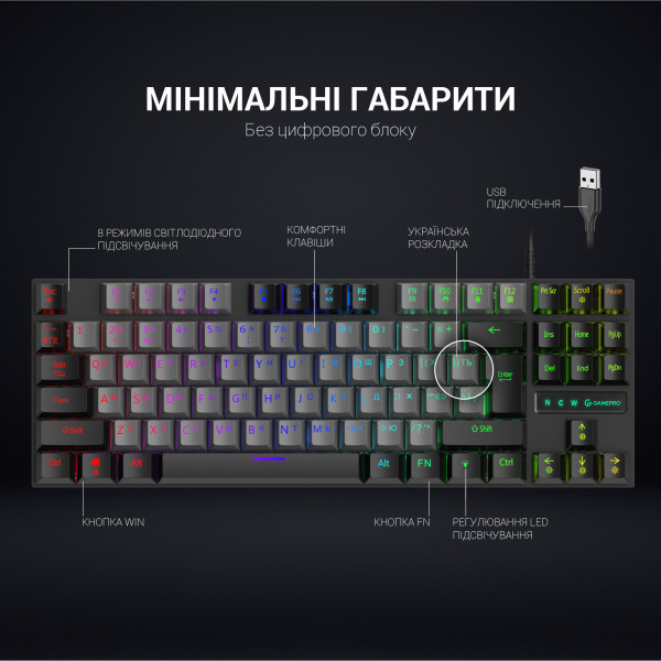 Фото - Клавіатура дротова ігрова GamePro LED USB (MK100B)