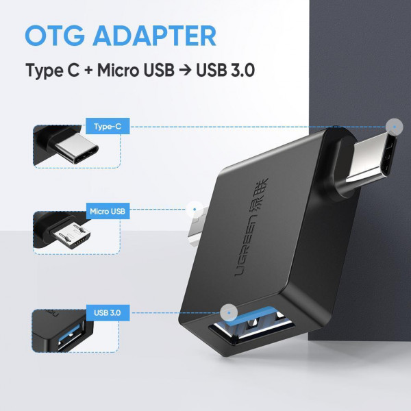 Фото - Перехідник UGREEN 2 in 1 Adapter microUSB Male + USB Type-C Male to USB 3.0 Female OTG Black (30453)