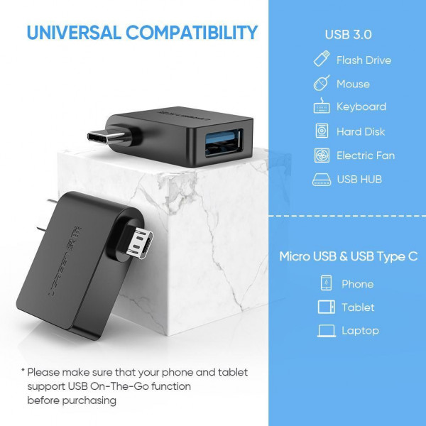 Фото - Перехідник UGREEN 2 in 1 Adapter microUSB Male + USB Type-C Male to USB 3.0 Female OTG Black (30453)