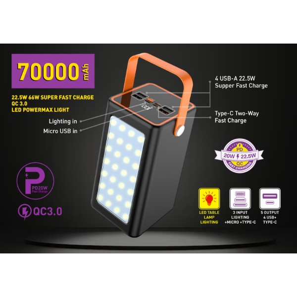 Фото - Батарея мобільна Y-Kryptone GT-72 LED Light 70000 mAh QC3.0 22.5W 66W Super Fast Charge Black (YK-GT72L-B)