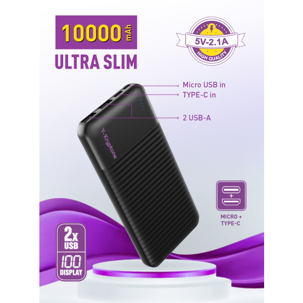 Фото - Батарея мобільна Y-Kryptone N-13 10000 mAh ULTRA Slim Black (YK-N13-B)
