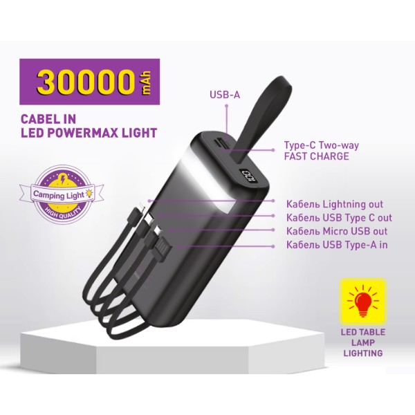 Фото - Батарея мобильная Y-Kryptone N-32 LED Light 30000 mAh CABLE in Black (YK-N32LC-B)