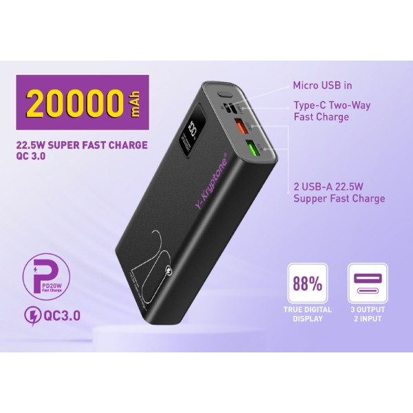 Фото - Батарея мобильная Y-Kryptone GT-23 20000 mAh QC3.0 22.5W Fast Charge Black (YK-GT23-B)