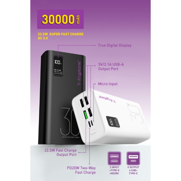 Фото - Батарея мобильная Y-Kryptone GT-33 30000 mAh QC3.0 22.5W Fast Charge Black (YK-GT33-B)