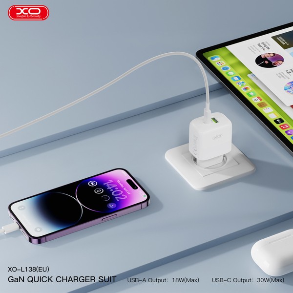 Фото - Мережевий зарядний пристрій XO L138 - 30W PD USB-C & 18W QC USB-A (L138_White)