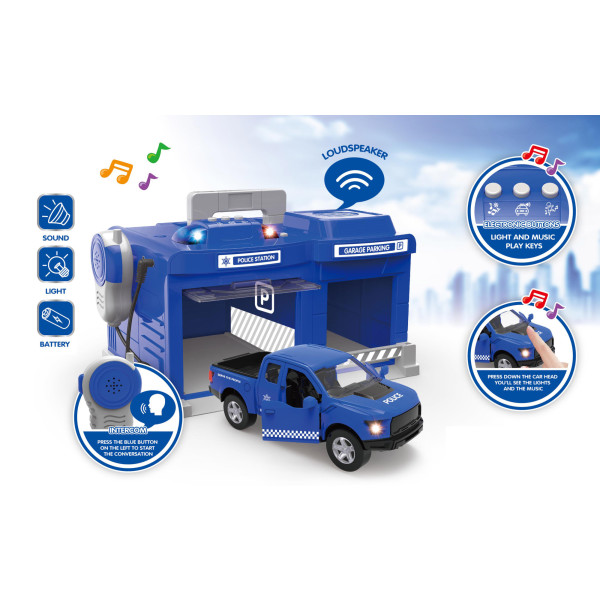 Фото - Игровой набор CHENGMEI TOYS гараж с металлической полицейской машинкой (свет, звук) (CLM-556)
