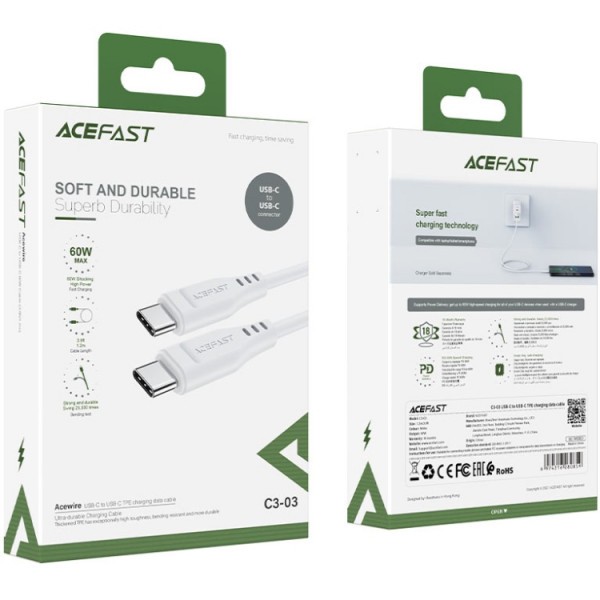 Фото - Кабель AceFast USB 2.0 USB-C to USB-C, 1,2 м, 3.0A, TPE C3-03 White (6974316280859)
