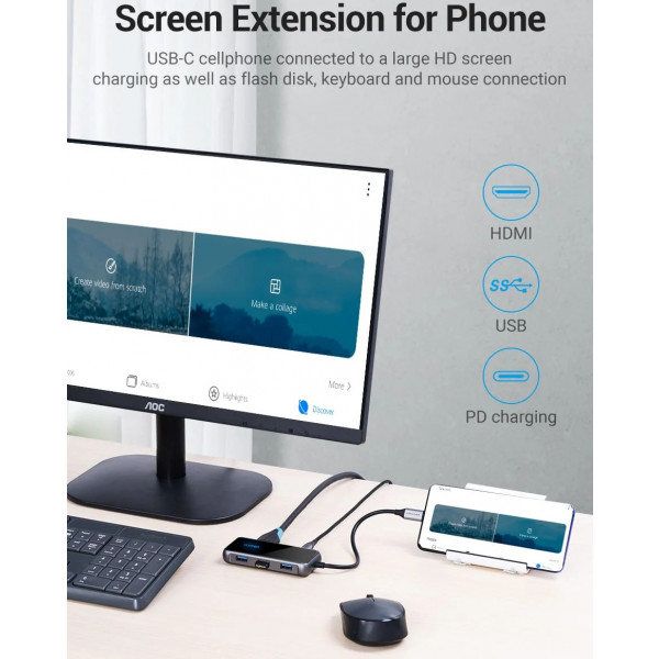 Фото - Хаб USB Vention USB 3.1 Type-C HDMI 4K60Hz/USB 3.0х3/RJ45/PD 87W (TFFHB)