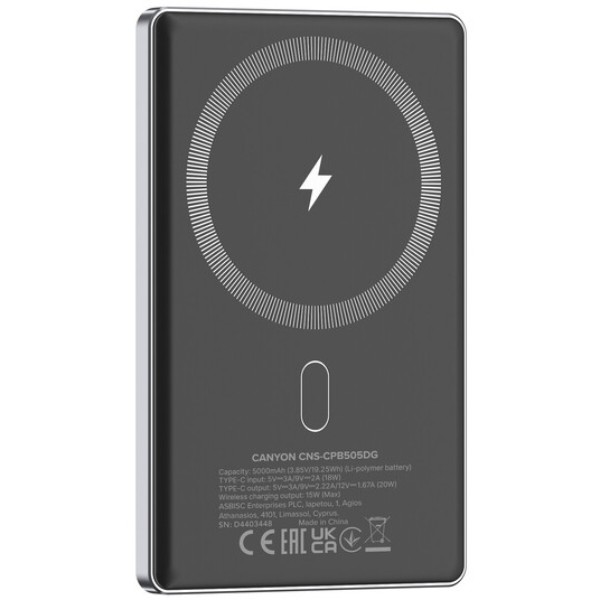 Фото - Батарея мобільна Canyon OnPower 505 slim Magsafe 5000 mAh PD20W Dark Grey (CNS-CPB505DG)