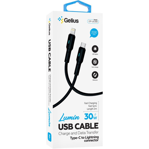 Фото - Кабель синхронизации данных Gelius Lumin Lamp GP-UC100 Type-C to Lightning 2m 30W Black (100086)