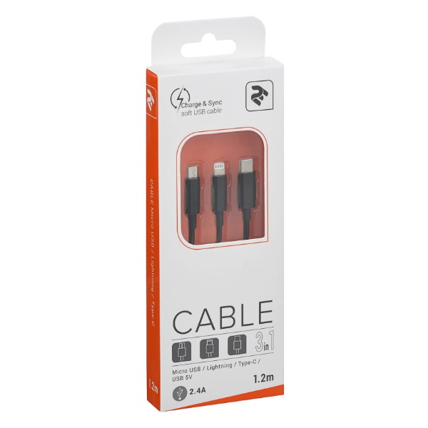 Фото - Кабель 2E USB 3 in 1 Micro/Lightning/Type C 5V/2.4A 1.2m Black (2E-CCMTLAB-BL)