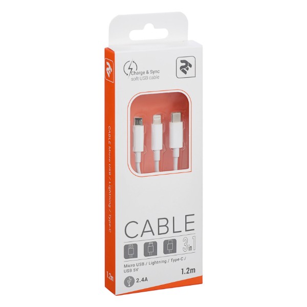 Фото - Кабель 2E USB 3 in 1 Micro/Lightning/Type C 5V/2.4A 1.2m White (2E-CCMTLAB-WT)