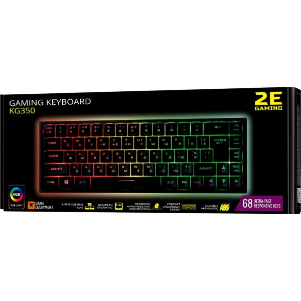Фото - Клавиатура проводная игровая 2E KG350 RGB 68key USB Black Ukr (2E-KG350UBK)
