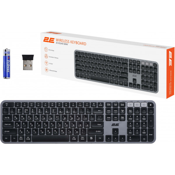 Фото - Клавіатура бездротова 2E KS240 WL/BT, EN/UK Gray/Black (2E-KS240WG_UA)