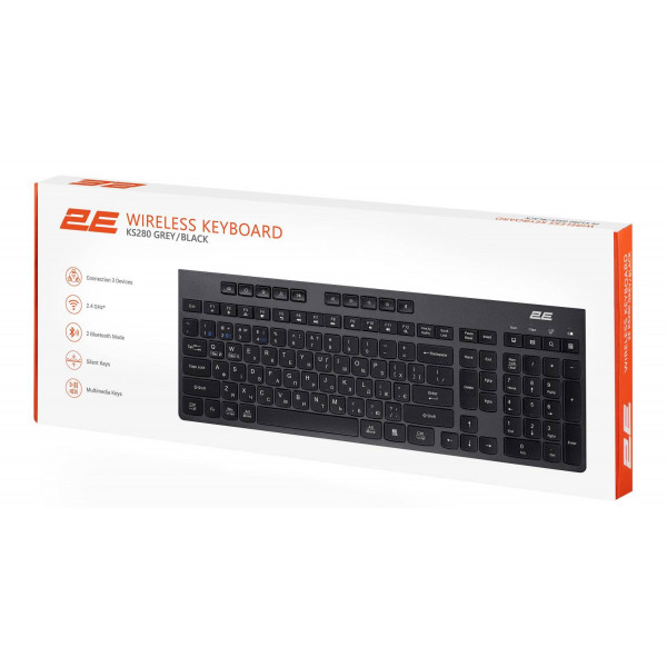 Фото - Клавіатура бездротова 2E KS280 WL/BT, EN/UK Silent Black-Grey (2E-KS280WBGR_UA)