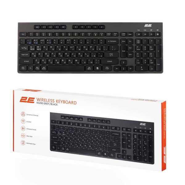 Фото - Клавіатура бездротова 2E KS280 WL/BT, EN/UK Silent Black-Grey (2E-KS280WBGR_UA)