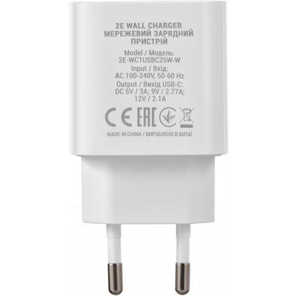 Фото - Мережевий зарядний пристрій 2E 25W USB-C PD White (2E-WC1USBC25W-W)