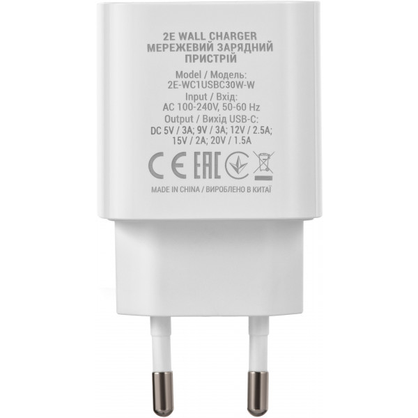Фото - Мережевий зарядний пристрій 2E 30W USB-C PD White (2E-WC1USBC30W-W)
