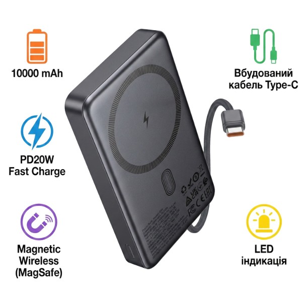 Фото - Батарея мобільна HOCO Q44 Origen Dual PD20W Magnetic +Type-C 10000 mAh Metal Gray (714983)