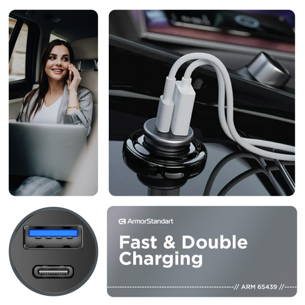 Фото - Автомобільний зарядний пристрій Armorstandart USB Type-C PD20W + USB QC 3.0 Grey + кабель USB-C (ARM82461)
