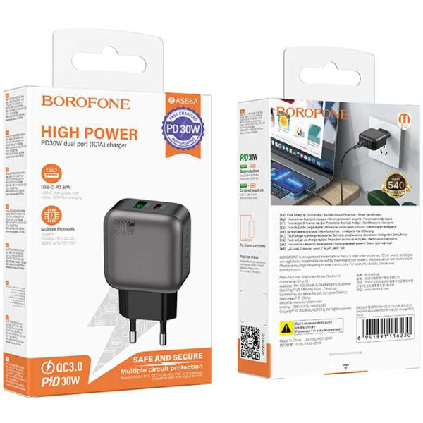 Фото - Мережевий зарядний пристрій BOROFONE BAS55A Absolute PD30W+QC3.0 charger(EU) Black (6941991116230)