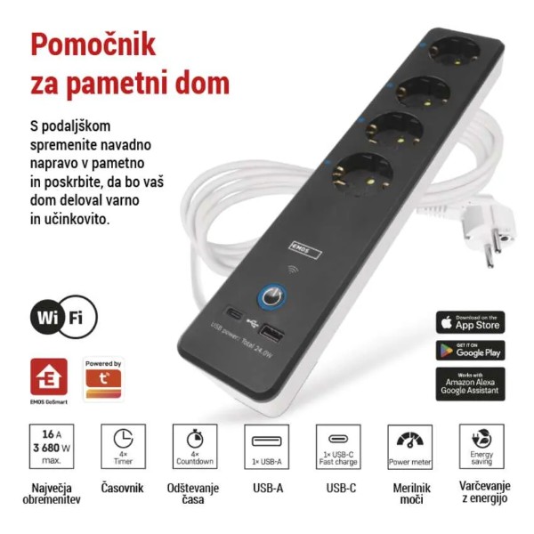 Фото - Сетевой фильтр EMOS Умный P1422SM 2 м 4 гнезда, ПВХ, USB-A, USB-C, Wi-Fi 1,5 мм2