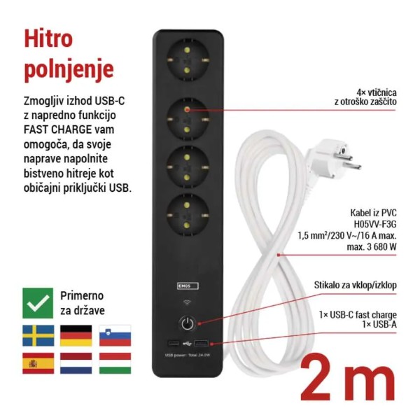 Фото - Сетевой фильтр EMOS Умный P1422SM 2 м 4 гнезда, ПВХ, USB-A, USB-C, Wi-Fi 1,5 мм2