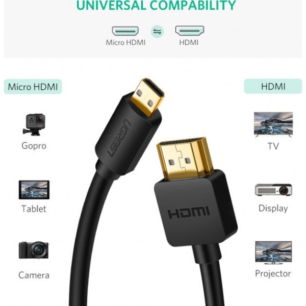 Фото - Кабель HDMI UGREEN HD127 microHDMI to HDMI, 2 m, v2.0 UltraHD 4K-3D Black (30103)