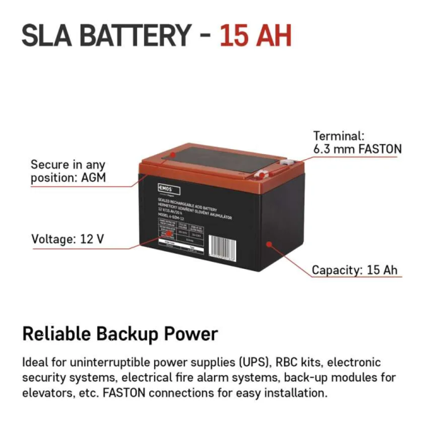 Фото - Акумулятор для ДБЖ EMOS B9656V, AGM, 12V, 15Ah, fast 6,3mm