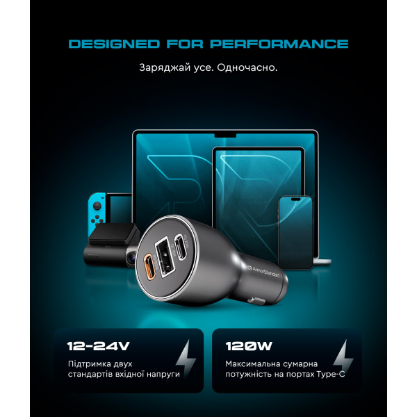 Фото - Автомобильное зарядное устройство Armorstandart Resolute Power ASPP-21 120W 2xUSB-C, USB (ARM70026)