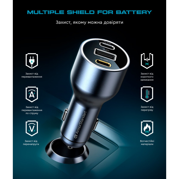 Фото - Автомобильное зарядное устройство Armorstandart Resolute Power ASPP-21 120W 2xUSB-C, USB (ARM70026)