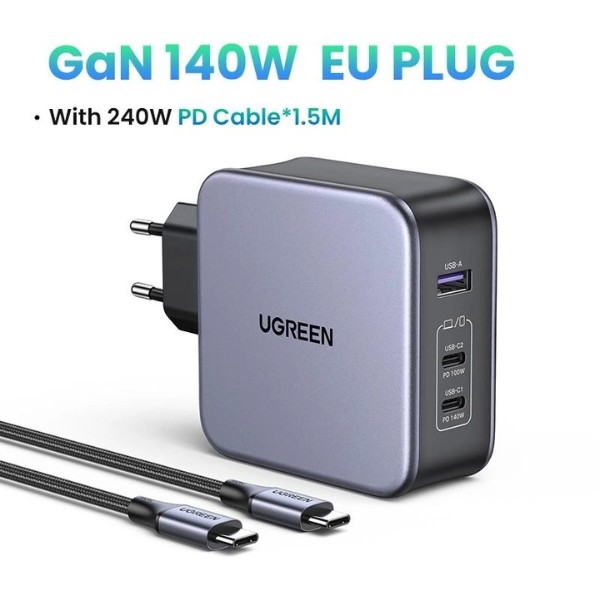 Фото - Сетевое зарядное устройство UGREEN CD289 GaN Fast Charger 140W with Cable Gray (90549)