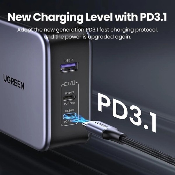 Фото - Сетевое зарядное устройство UGREEN CD289 GaN Fast Charger 140W with Cable Gray (90549)