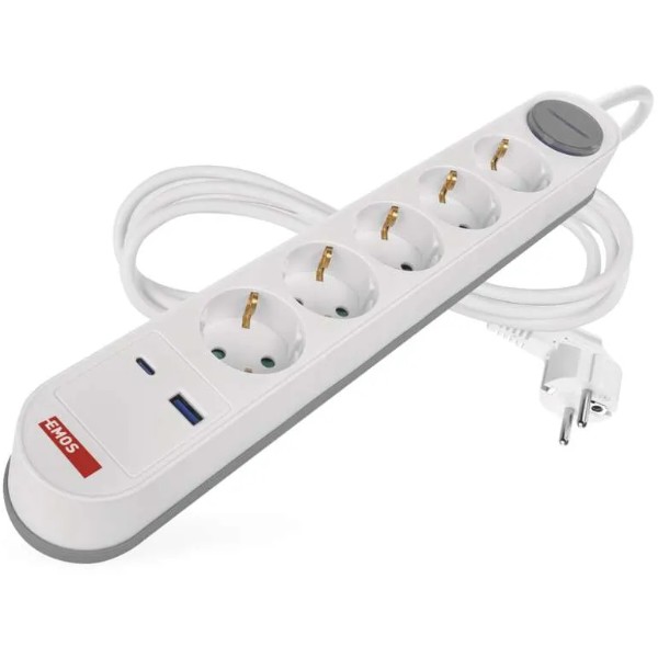 Фото - Удлинитель 220В EMOS P1523FC 5розетки 3м. 1xUSB-A+1xUSB-C