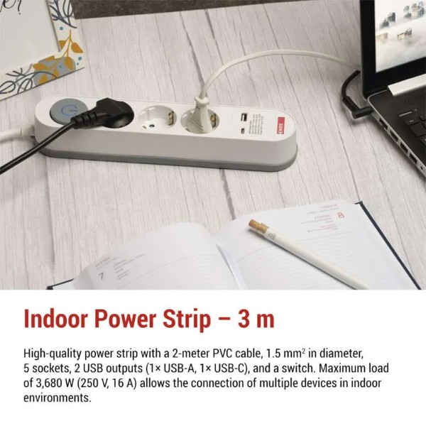 Фото - Удлинитель 220В EMOS P1523FC 5розетки 3м. 1xUSB-A+1xUSB-C