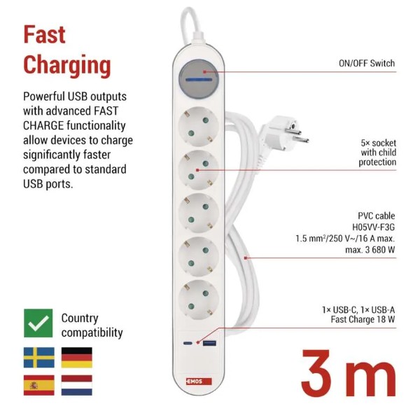 Фото - Удлинитель 220В EMOS P1523FC 5розетки 3м. 1xUSB-A+1xUSB-C