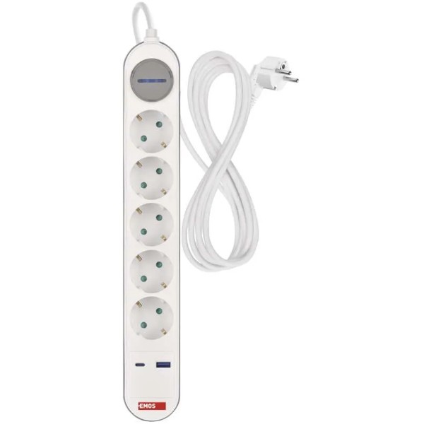 Фото - Удлинитель 220В EMOS P1523FC 5розетки 3м. 1xUSB-A+1xUSB-C